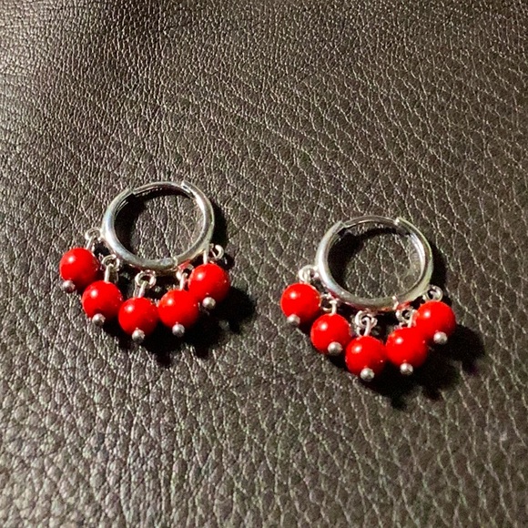 Rhodium Plated Red Coral Earrings - Picture 1 of 3